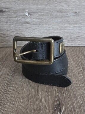GUESS Men's Black Leather Belt with Antique Brass Buckle - 35" Long